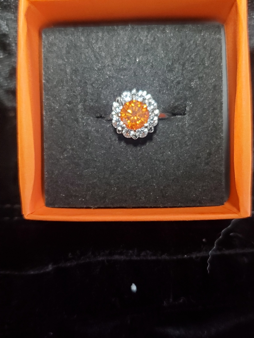 950 Sterling Silver Canteloupe Orange Halo 1ct Moisonnite Ring w/ Clear Accents